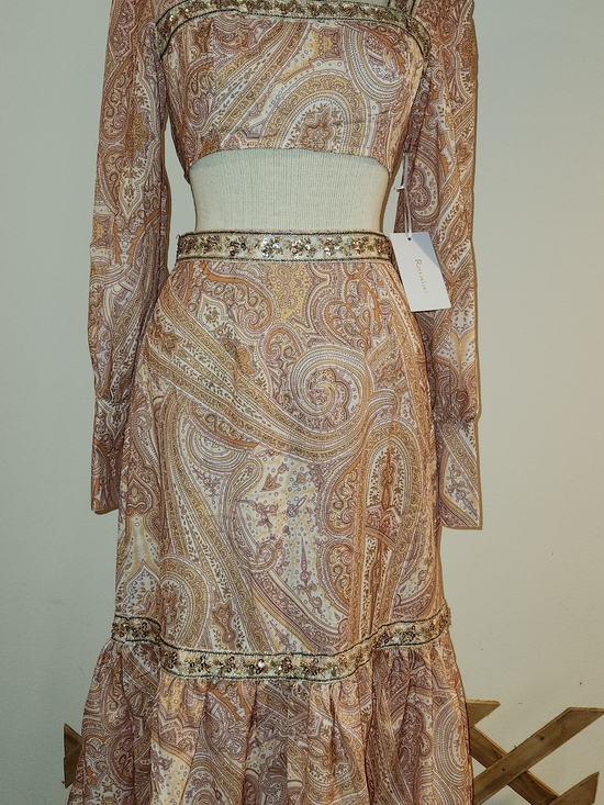 Rose Velvet Dresses & Skirts - Paisley Long Sleeve Maxi Dress in Taupe and Cream